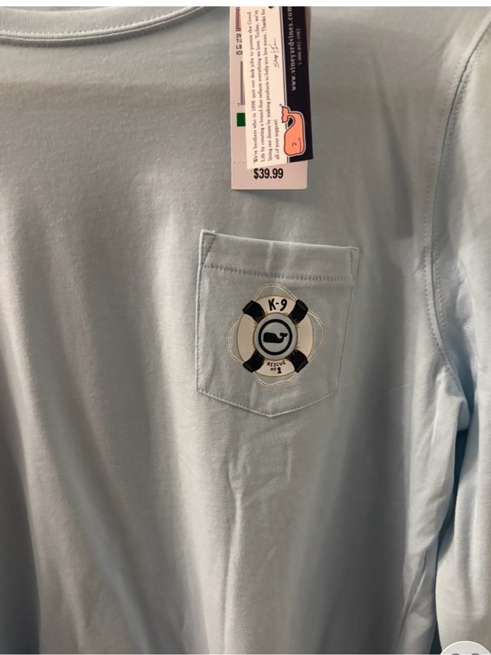 NWT Vineyard Vines Light Blue K-9 Lifesaver Dog Long Sleeve Tee - Picture 4 of 4
